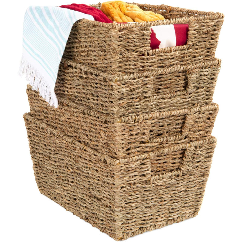 Rustic Set Of 4 Multipurpose Stackable Seagrass Storage Basket, Handwoven Laundry Organizer Totes For Bedroom And Living Room, Shelves, Pantry W/Insert Handles