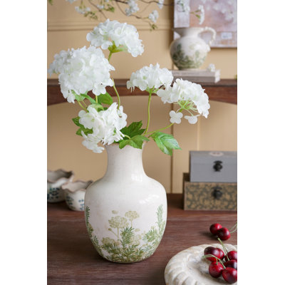 Vase en céramique 7 x 7 x 10 po avec finition blanche et motifs botaniques verts