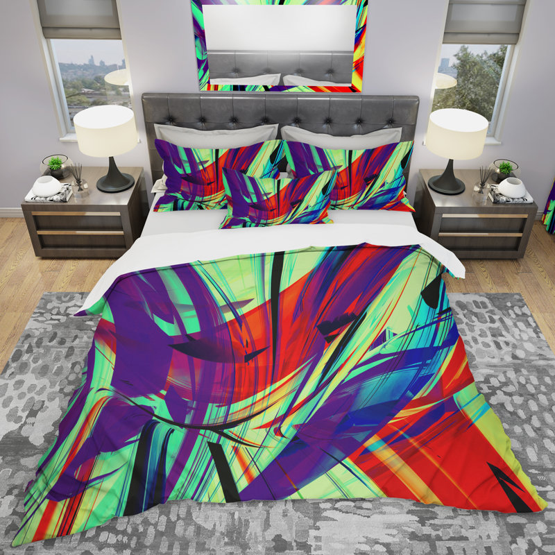 Art abstrait rétro vert lime - ensemble de housse de couette abstraite - microfibre de polyester