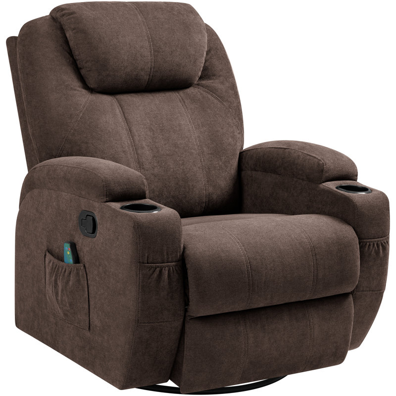 Fabric Rocking Chair with Massage, 360 Degree Swivel Sofa Seat with Drink Holder, Brown Canvas