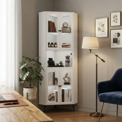 Armoire de rangement d'angle en métal de 185 cm de hauteur, avec portes en verre cannelé, étagères réglables et tablette ouverte, blanc crème