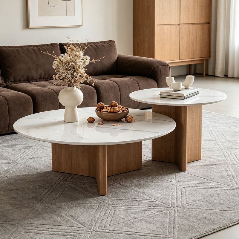 Ensemble de tables basses Simple Round Casual Home, 14.96" H x 35.43" W x 35.43" D, Light Grey Top/Nut-brown Base, Marbre