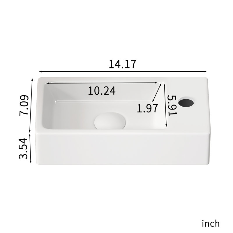 Lavabo de salle de bain mural rectangulaire en céramique blanc 14,57 "x 7,09" avec robinet et bonde Topcraft - Côté droit