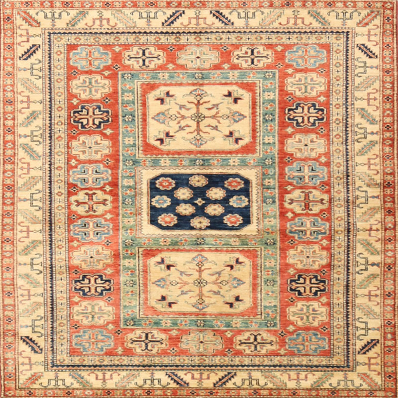 Tapis jaune clair / orange / noir en laine / polyester tissé à la machine à motif oriental Alberry, Carré 3 pi