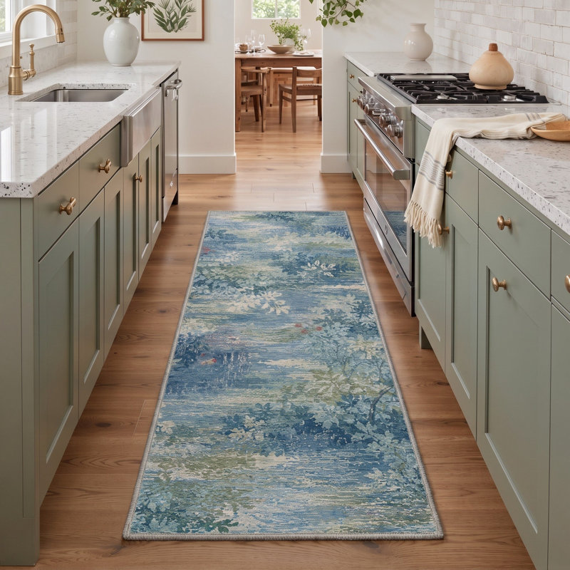 Tapis de couloir antidérapant lavable à poils courts, motif floral bleu/vert., Runner 2' x 6'