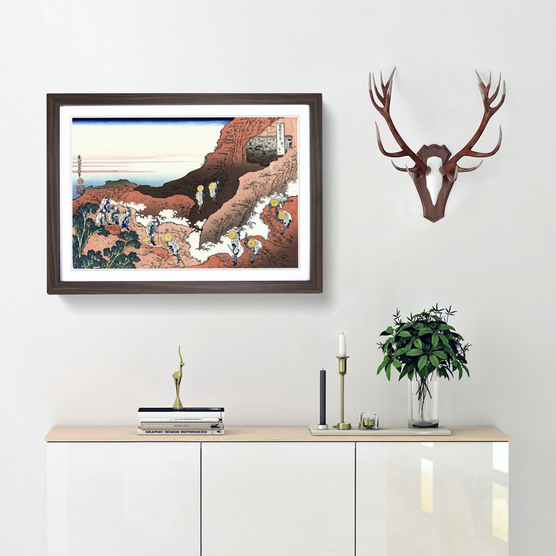 Climbing on Mt. Fuji by Katsushika Hokusai - Picture Frame Painting Print, 48cm H x 65cm W x 2cm D, Walnut Framed