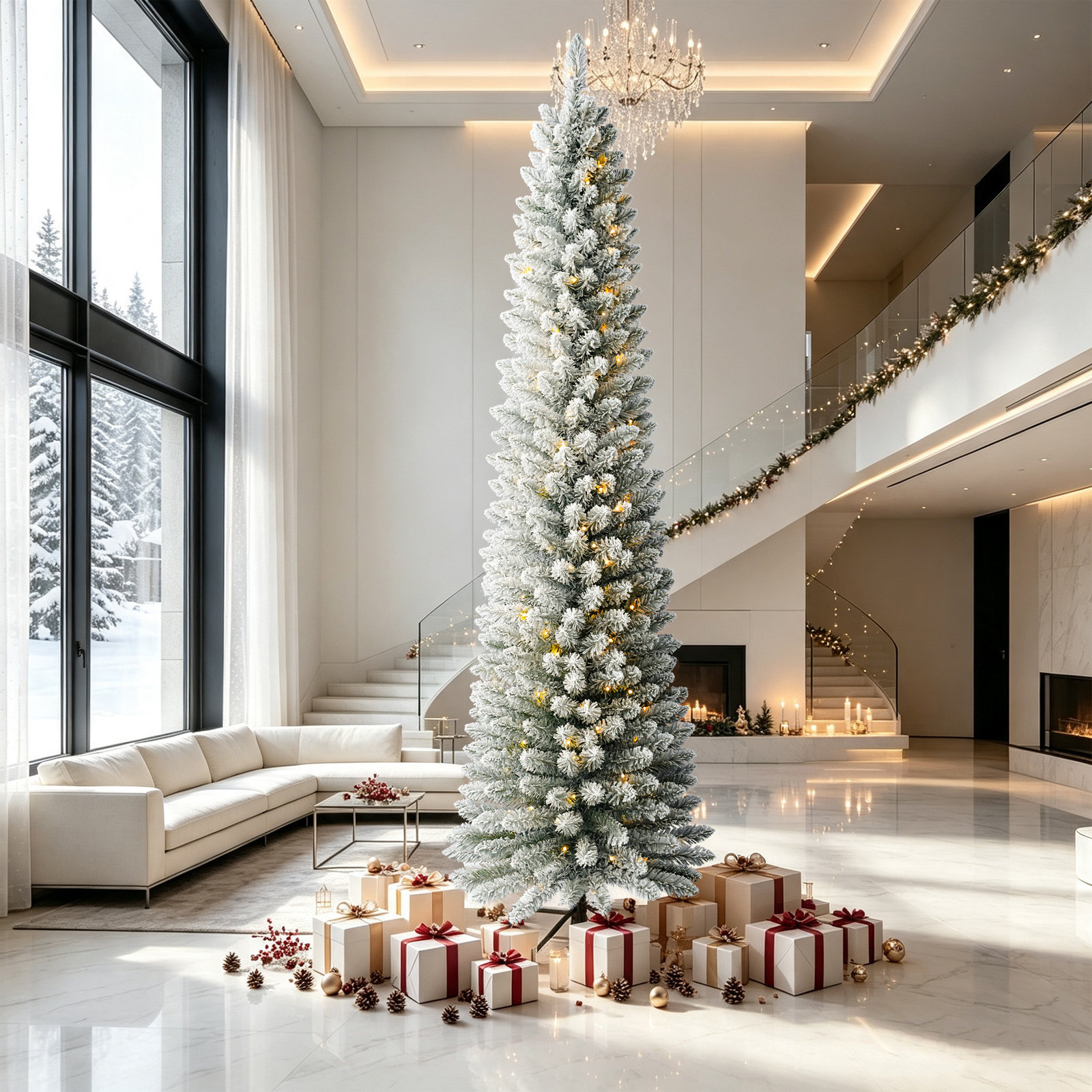 Pre-Lit Flocked Slim Christmas Tree, 12' H