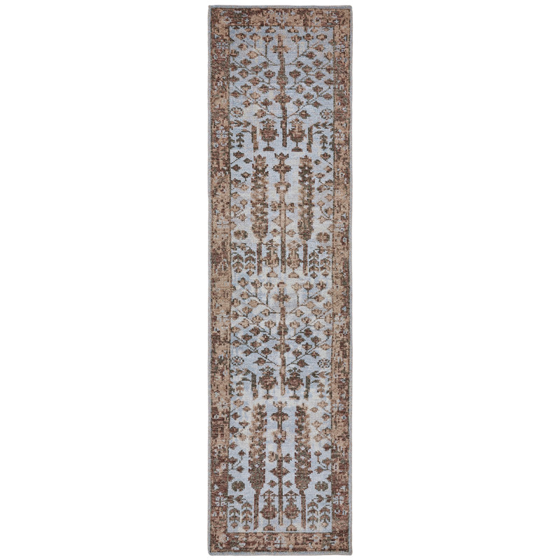 Tapis oriental en laine noué à la main bleu Markiyah, Tapis de couloir 2 pi 6 po x 10 pi