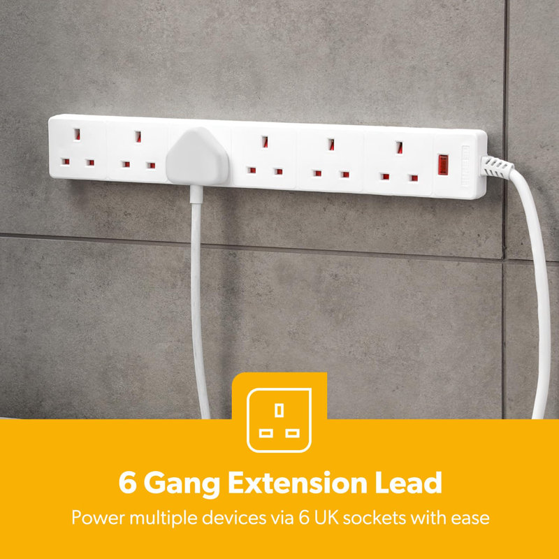 GEEPAS 6 Gang Extension Lead, 1M Cable | 6-Way Plug Extension Cable With Neon Indicator Light | Wall Mountable & Multi Socket Mains Strip For Home Bedroom Office | Heavy Duty UK Plug | White