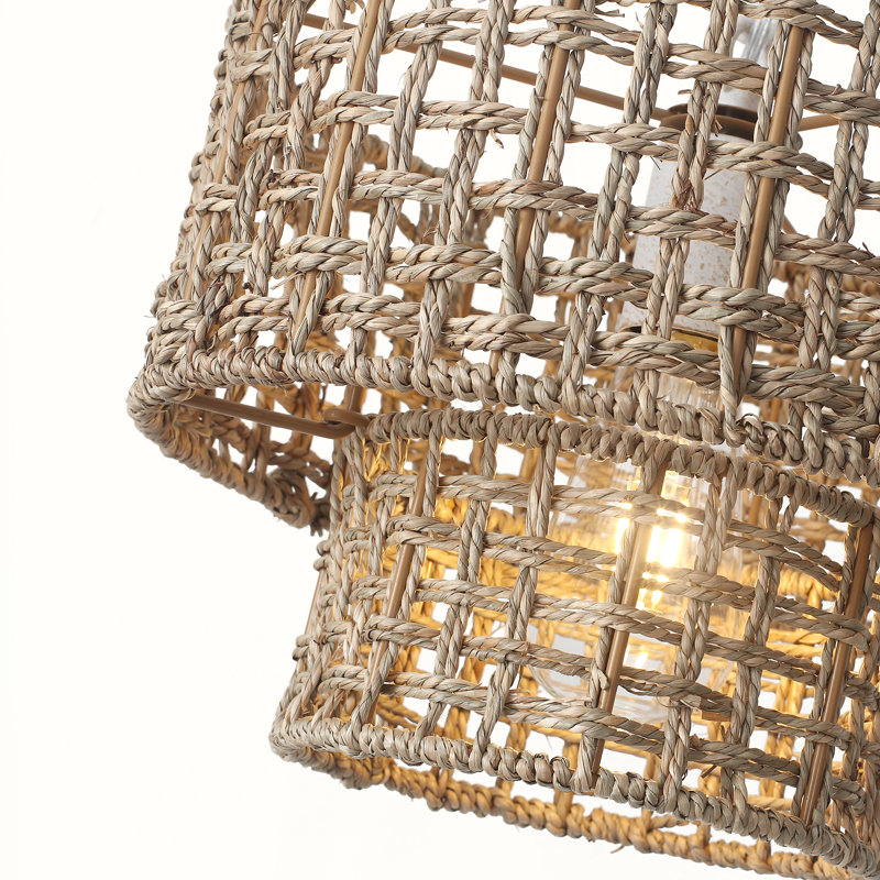 Lustre cylindrique en rotin naturel à 1 lumière avec hauteur réglable et intensité variable, Blanc patiné, 1