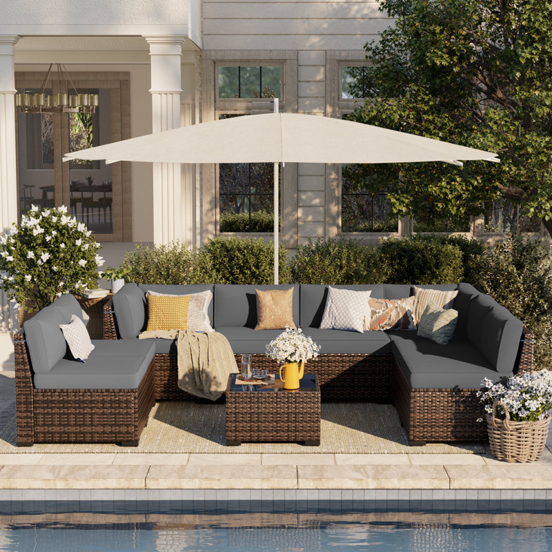 Avamay Rattan Sectional Seating Group with Cushions, Gray Performance Microfiber, No