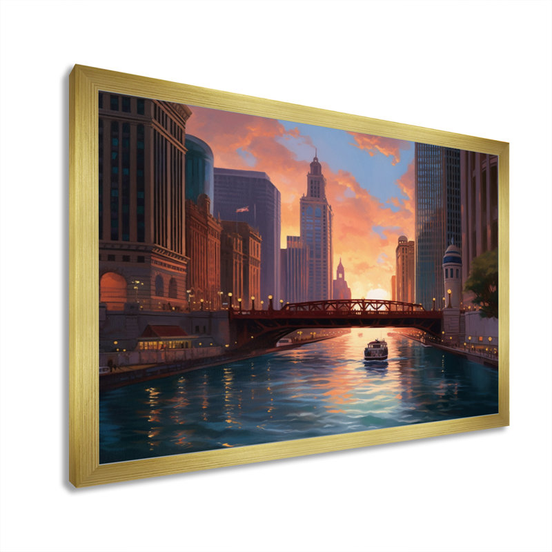 Chicago City Scene IV, reproduction d'art sur toile, H 12 po x l 20 po x P 1 po, Encadrement doré