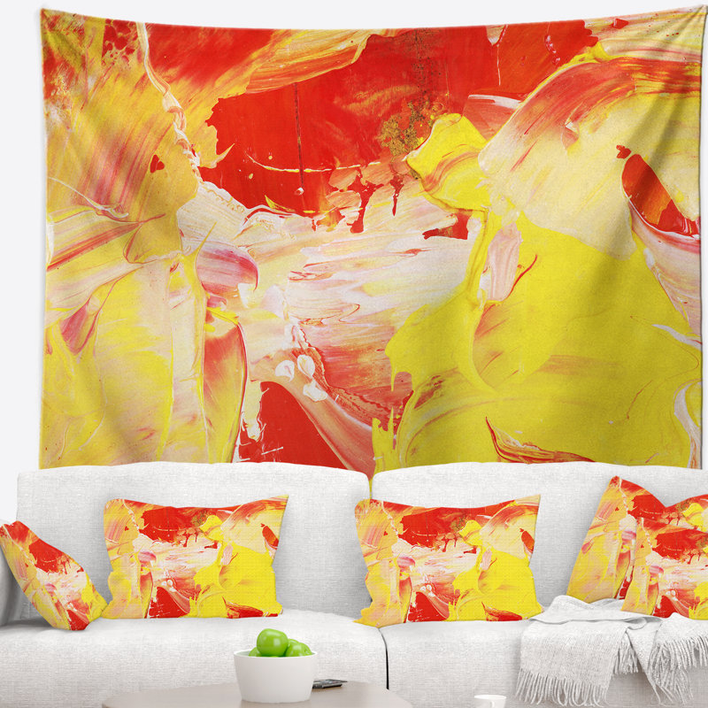 Tapisserie d'art abstrait jaune et rouge, H 32 po x l 39 po