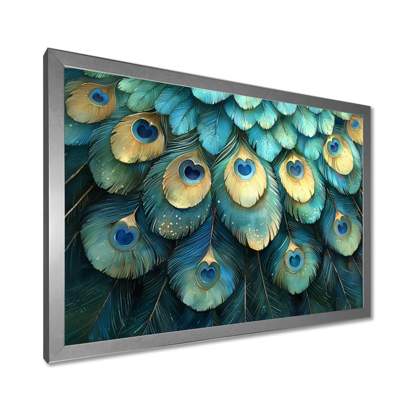 Collage de plumes de paon bleu et vert Grinstead II - oiseau, art mural, H 24 po x l 32 po, Cadre simple, Argent argent