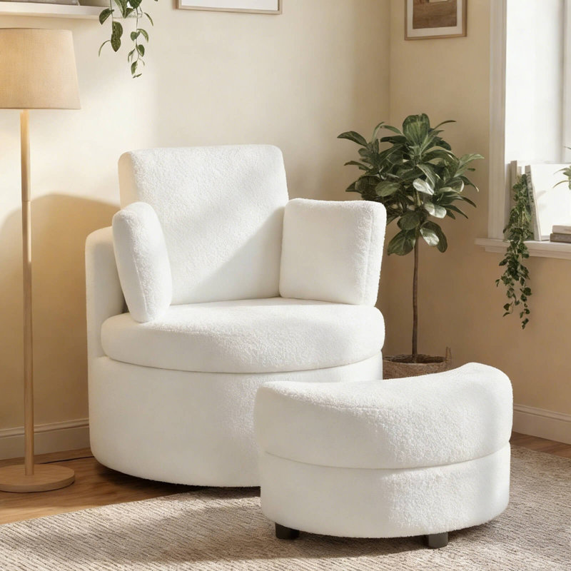 Fauteuil d'appoint pivotant à 360 ° avec repose-pieds demi-lune avec rangement et 3 coussins amovibles, blanc bureau, Blanc