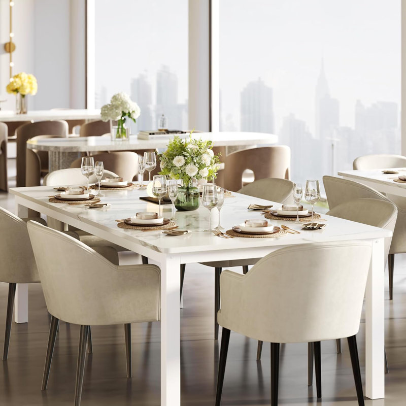 Table de salle à manger de 78,7 po de long pour 6 à 8 personnes, grande table de cuisine rectangulaire avec pieds en métal robustes, table de salle à manger industrielle moderne avec coin rond, faux marbre blanc / blanc