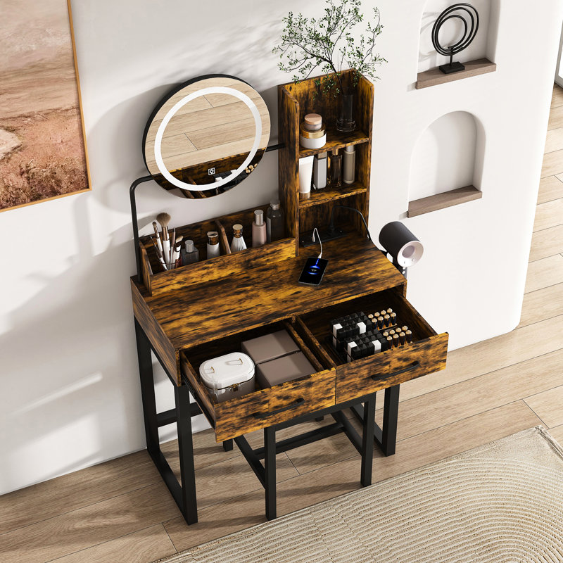 Makeup Vanity Table With Natural/Warm/Cool Switch, 2 Drawers, Power Outlet, And Trays, Brown, American Style Led Stand 3 - Color Lighting, Big Sockets, Hair Dryer Holder, Brown For Bedroom Dressing