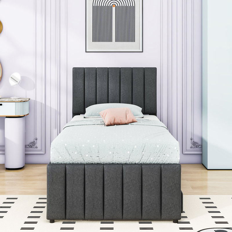 Upholstered Platform Bed with Trundle and 3 Drawers, Gray, Twin