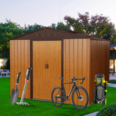 Coffee 8ft X 10ft Outdoor Metal Shed With Robust Foundation - Galvanized Steel Build, Punched Vents For Circulation, Padlockable Sliding Door, Simple Assembly Handbook Storage In Well-ventilated