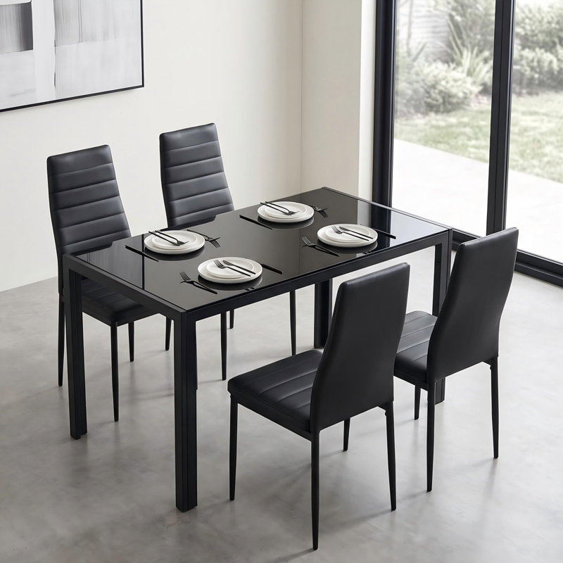 Ensemble de table et chaises de salle à manger 5 pièces pour 4 personnes, en verre trempé, 120 x 70 x 75 cm, verre et métal, noir.