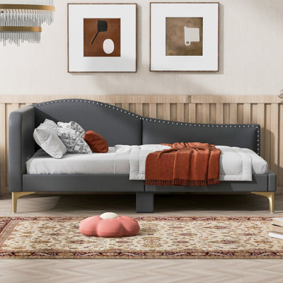 Twin Size Upholstered Daybed with Headboard & Armrest – Grey Guest Bed with Support Legs for Bedroom