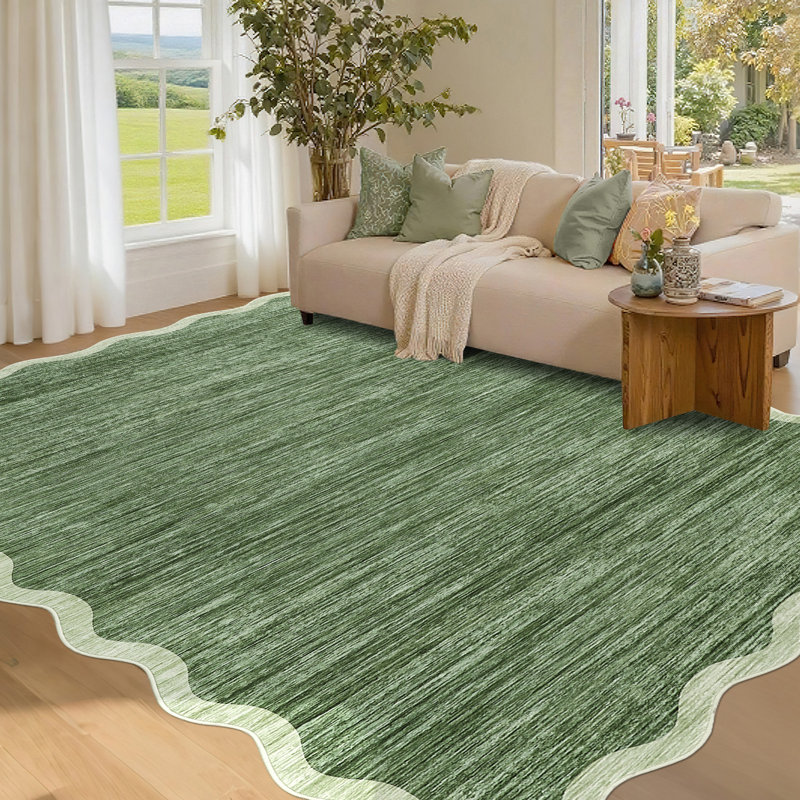 10x13ft Washable Area Rug, Scalloped Edge Low Pile Non-Slip Modern Carpet, Green