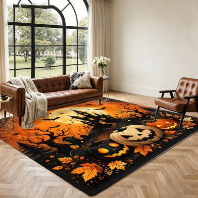 Halloween Spooky Castle Pumpkin Bat Full Moon Themed Rug, Indoor Floor Mat for Living Room Bedroom Outdoor Decor and Accessories, Easter Decorations