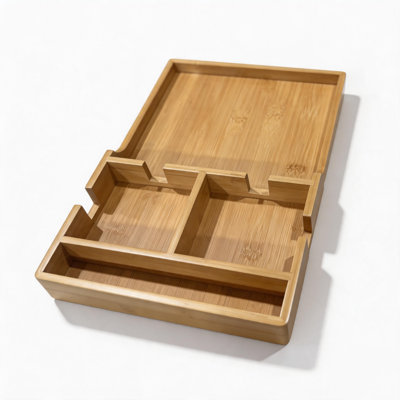 Insertion de plateau de canapé à siège central; Plateau de canapé en bambou avec un séparateur qui peut contenir des tasses à thé ou des tasses; Convient aux canapés et aux canapés modulaires sans accoudoirs; Se plie à plat pour servir de plateau pour les boissons, les collations et les télécommandes.
