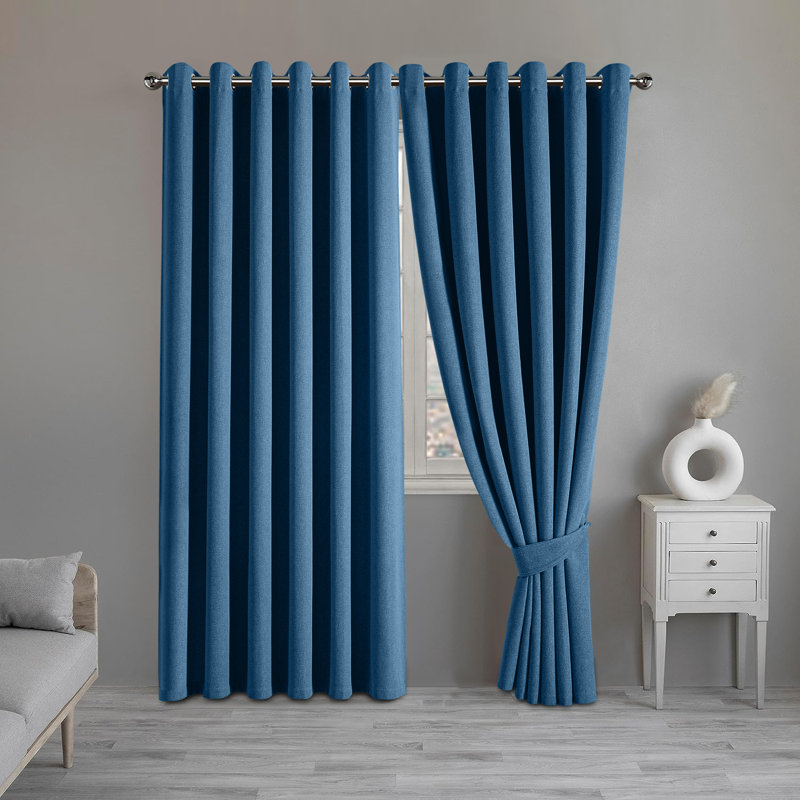 Luxurious A28 Linen Blackout Eyelet Curtains (Set of 2), Blue, 117cm Width x 137cm Drop
