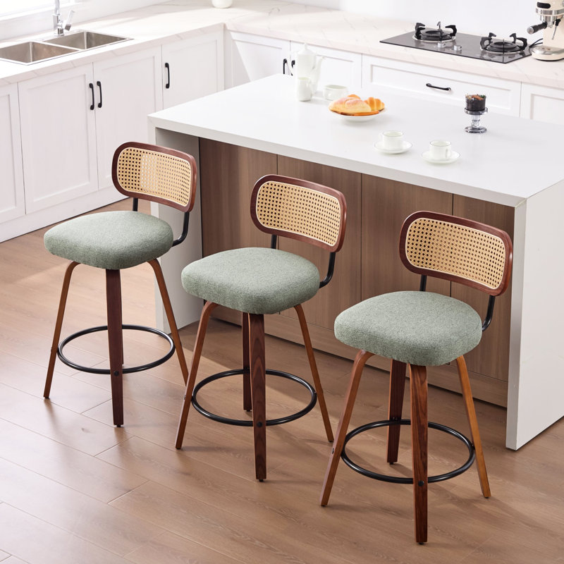 De 3 tabourets de bar à hauteur de comptoir de 26 pouces, noir noyer, dossier en canne, siège en lin, pivotant à 360 ° pour le comptoir de la cuisine. Support de posture ergonomique ventilée à l'arrière. Fiabilité des pieds. Rapide