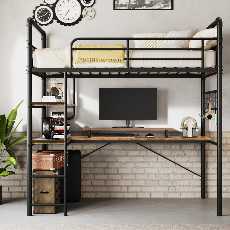 Lit mezzanine en métal peu encombrant avec bureau en L et 2 tablettes ouvertes, structure simple, barrière de sécurité haute sécurité