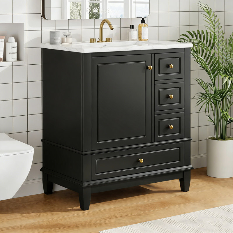 Meuble-lavabo avec lavabo, tablette et trois tiroirs, Noir