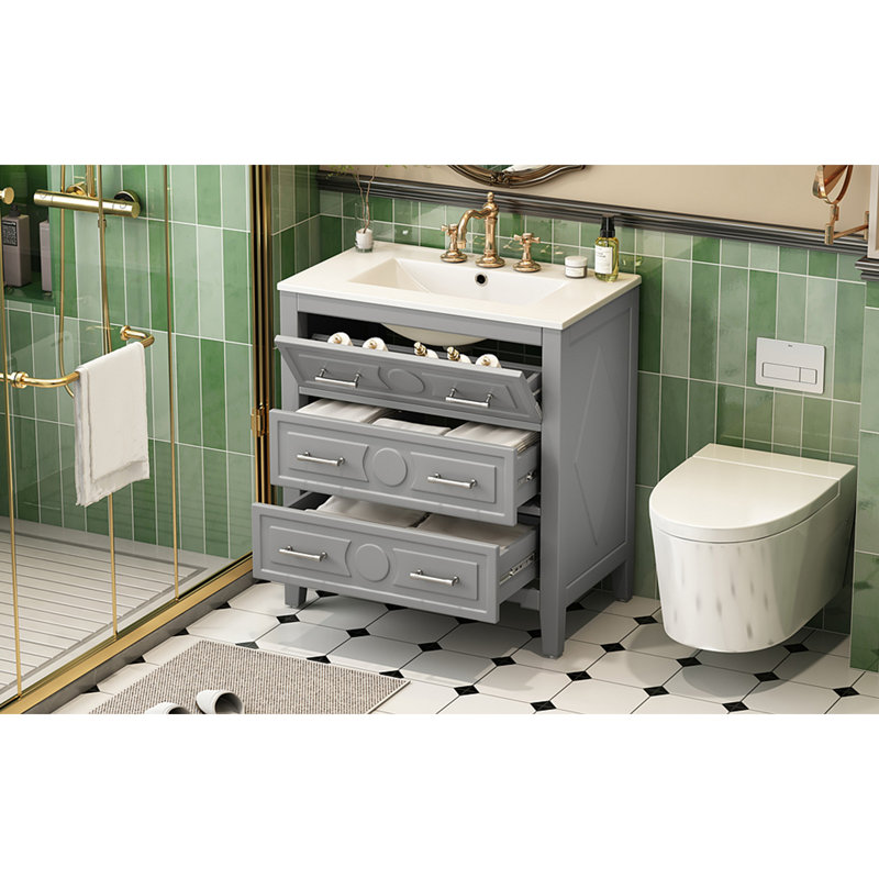 Ensemble de meuble-lavabo simple 30 po avec 3 tiroirs, meuble-lavabo autoportant avec cadre en bois massif 30 po, Gris