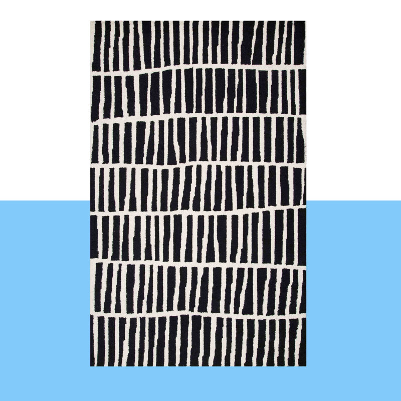 Odalis Geometric Handmade Wool Black/Ivory Cream Rug, Rectangle 7'6" x 9'6"