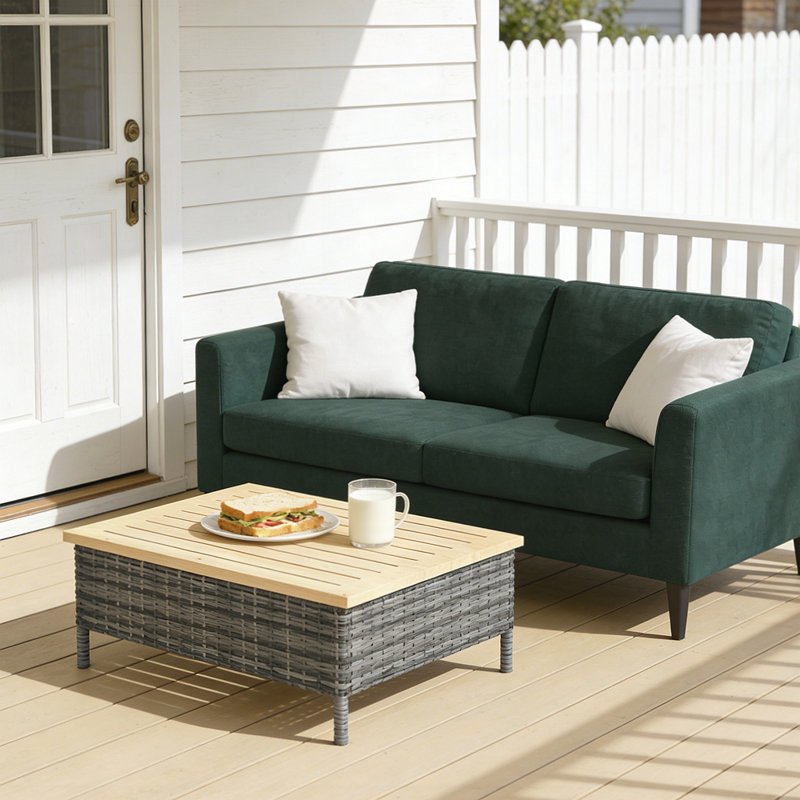 Rustic PE Rattan Patio End Table with Natural Fir Wood Top for Outdoor Elegance and Durability