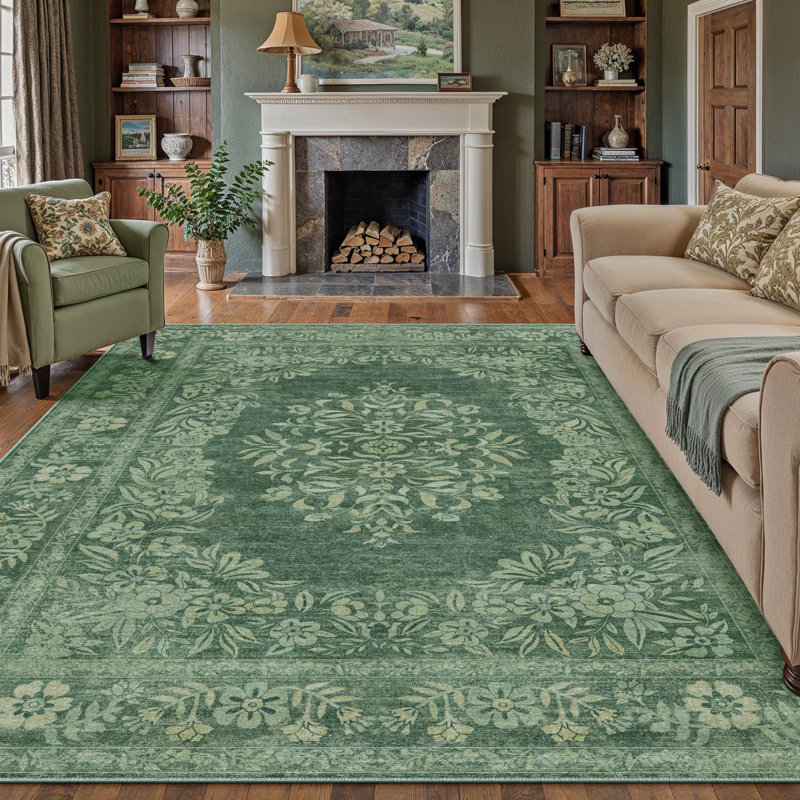 Stella Machine Washable Oriental Area Rug With Non-Slip Backing, Rectangle 8' x 10', Green