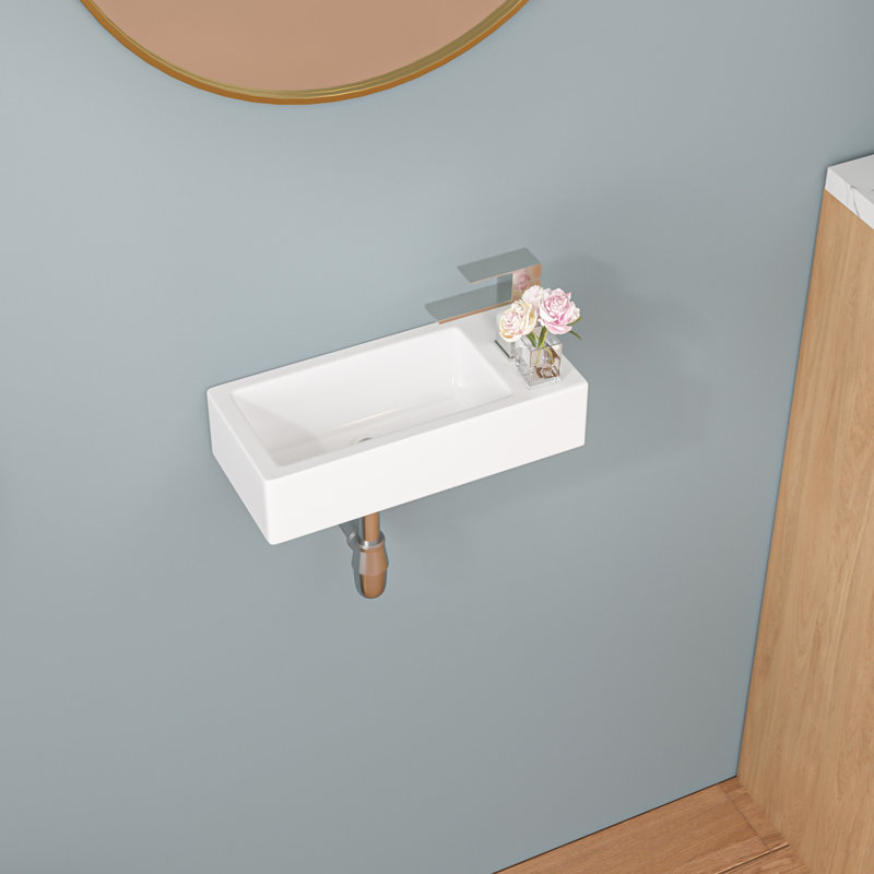 15" L x 7" W Rectangular White Ceramic Wall Mount Bathroom Sink with Faucet Hole