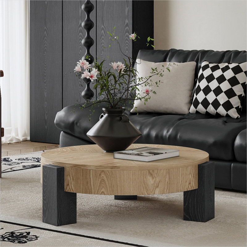 Table basse ronde avec rangement rabattable et placage de parquet, bois naturel et noir mat