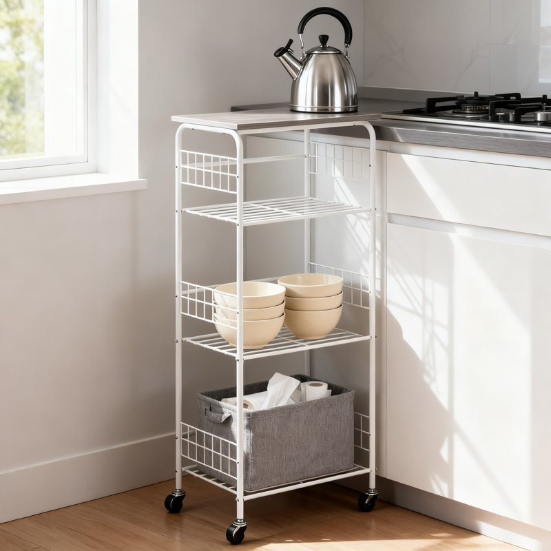 Tablette en métal à 4 niveaux avec roulettes verrouillables, étagère de rangement étroite pour la cuisine, la salle de lavage, le garage et les petits espaces