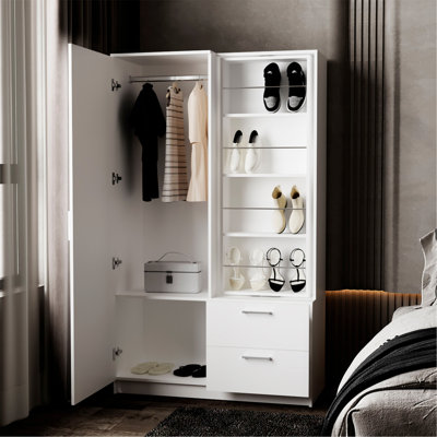 Armoire - garde-robe, rangement pour chaussures et 2 tiroirs - blanc