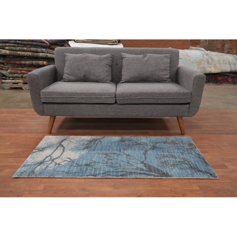 Élégant tapis moderne bleu 2 x 5 avec motif abstrait d'arbre