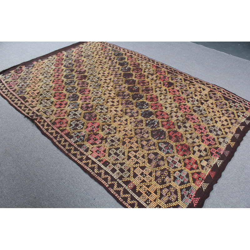 Grand tapis kilim turc rétro Oushak brun avec broderie complexe pour le salon