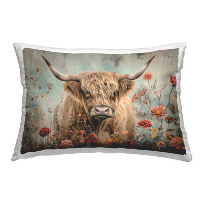 Spring Blooms Highland Cow Decorative Printed Throw Pillow by LSR Design Studio
