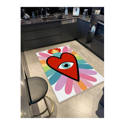 Multi Color Heart Eye and Flame Pattern Fringed Modern Decorative Machine Washable Area Rug
