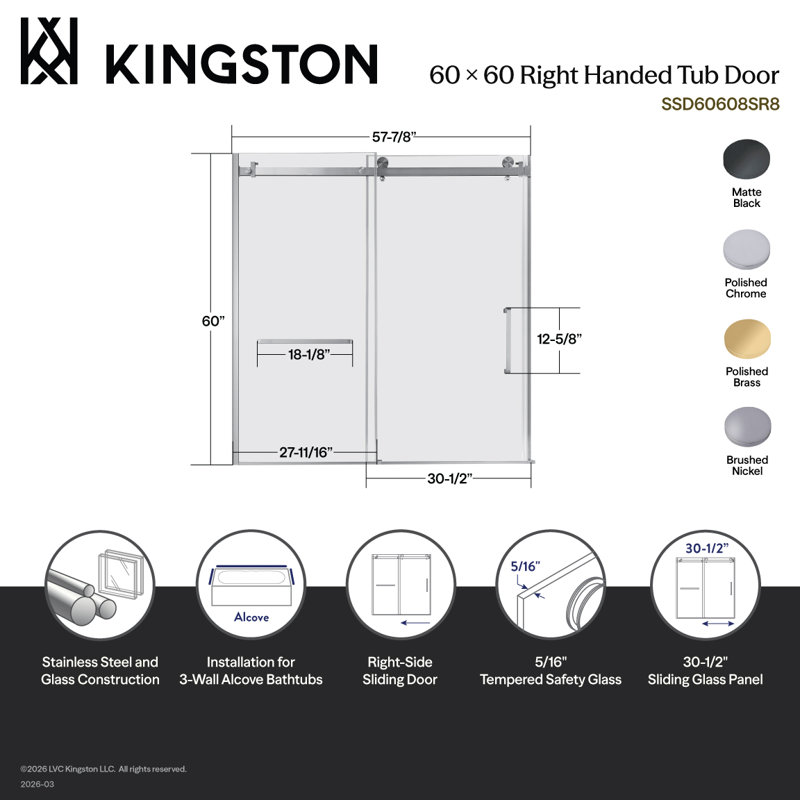 Kingston Brass Tur 60 X 60 Tub Door, Right Opening, Black