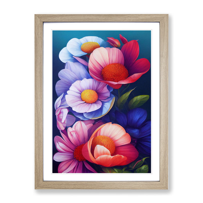 Colourful Flowers No.6 - Wall Art, 66cm H x 48cm W x 2cm D, Oak Framed, White