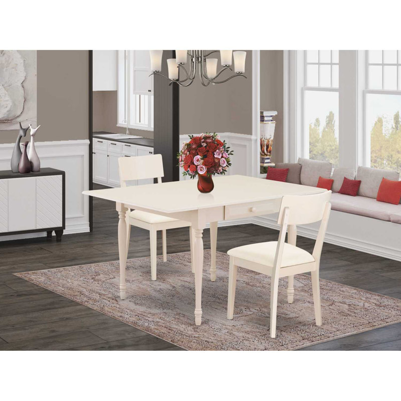 3 Piece Kitchen Table Set for Small Spaces Contains a Rectangle Dining Table with Dropleaf and 2 Faux Leather Chairs, Linen White