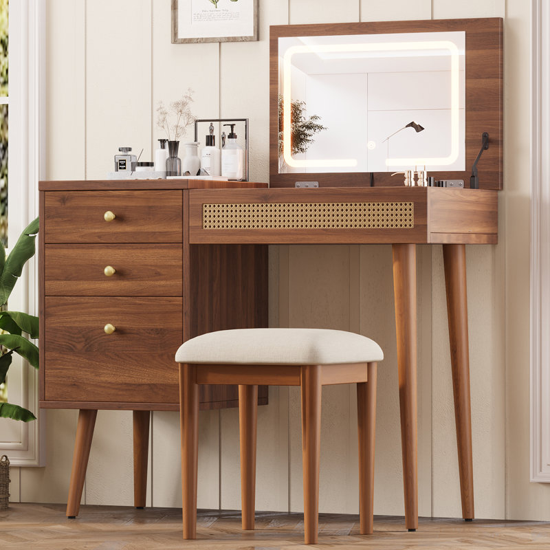 Bureau de coiffeuse 39 "avec miroir à DEL rabattable et 3 tiroirs