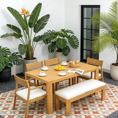 Ensemble repas pour 6 personnes en bois d'acacia avec 4 chaises et 1 banc, ensemble repas 6 pièces avec trou pour parasol
