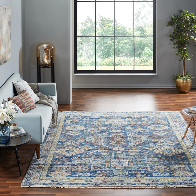 Tapis en laine noué à la main Omaque Southwestern, Bleu, Rectangle 12 pi x 15 pi